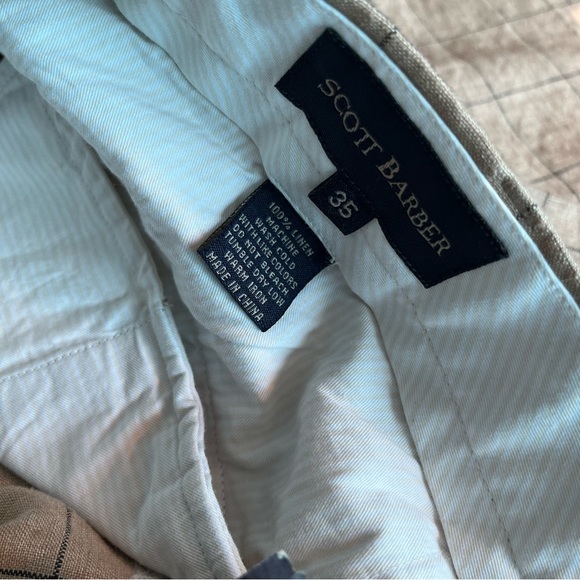 NEW! Scott Barber LINEN Pants/Trousers 35Wx30 Tan Check Flat Front NWT - Picture 4 of 4